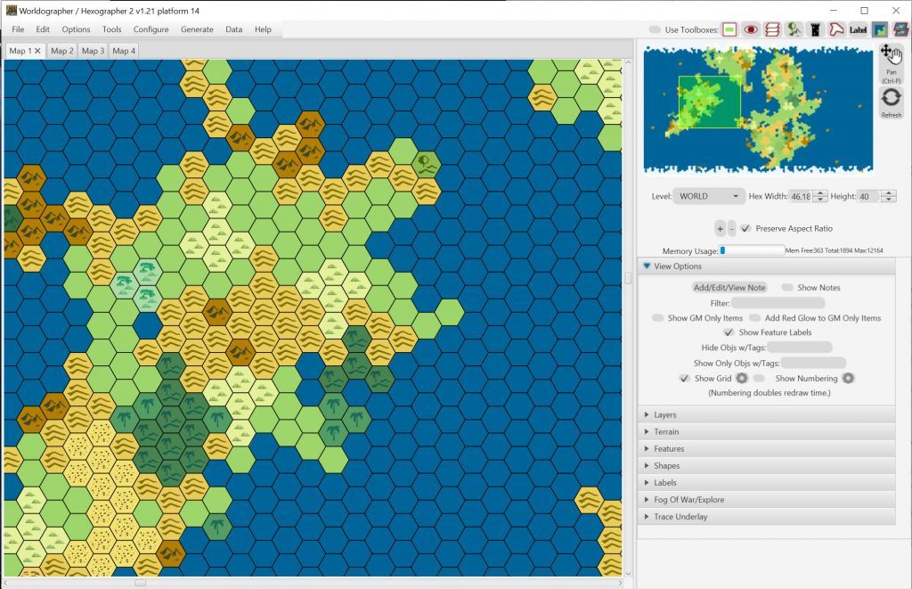 A basic map in Worldographer with the View Options Drawer expanded.