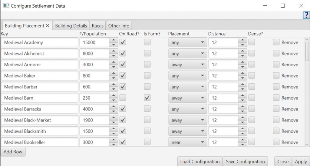 Configure Settlements Building Placement Tab.