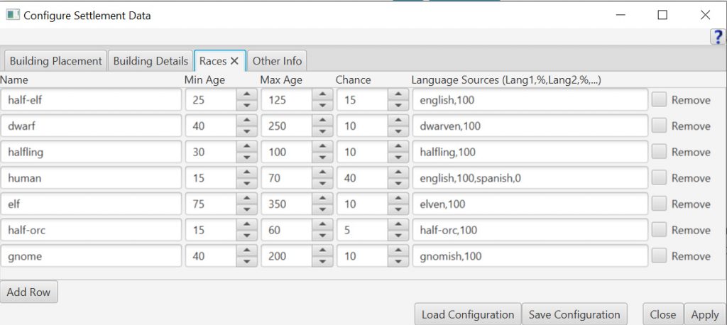 Configure Settlements Races tab.