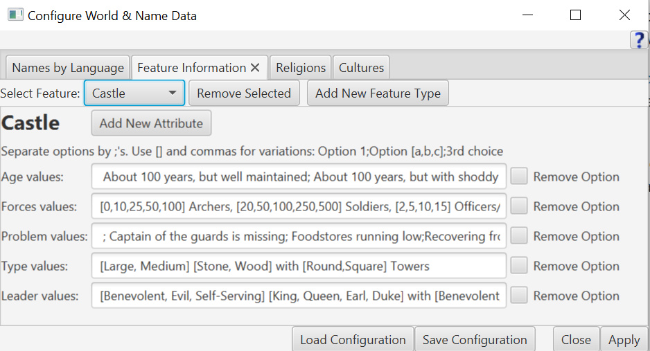 Configure World & Name Data: Feature Information Tab.