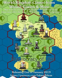 Wizard Towers Classic World/Kingdom Map Icons (2019 January). Get it via DriveThruRPG.