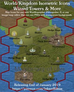 Wizard Towers Isometric World/Kingdom Map Icons (2019 January). Get it via DriveThruRPG.