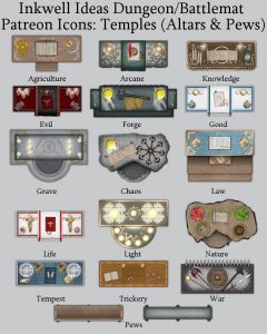 Cleric Temples Battlemat Map Icons (2019 February). Get it via DriveThruRPG.