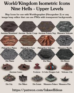 Nine Hells Upper Isometric World/Kingdom Map Icons (2019 March). Get it via DriveThruRPG.