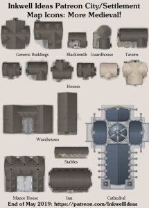 More Medieval Settlement Map Icons (2019 May). Get it via DriveThruRPG.