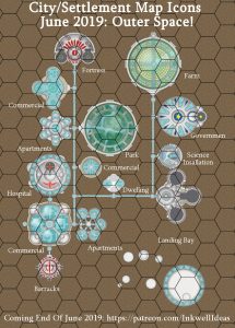 Outer Space Settlement Map Icons (2019 June). Get it via DriveThruRPG.