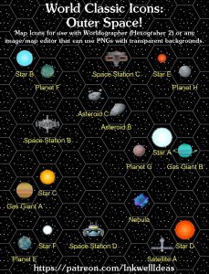 Outer Space Classic World/Kingdom Map Icons (2019 June). Get it via DriveThruRPG.