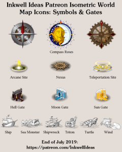 Symbols & Gates Isometric World/Kingdom Map Icons (2019 July). Get it via DriveThruRPG.