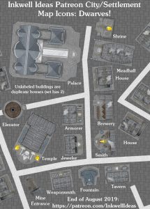 Dwarves Settlement Map Icons (2019 August). Get it via DriveThruRPG.
