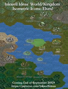 Elves Isometric World/Kingdom Map Icons (2019 September). Get it via DriveThruRPG.
