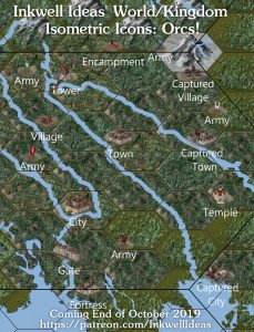 Orcs Isometric World/Kingdom Map Icons (2019 October). Get it via DriveThruRPG.