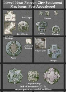 Post Apocalypse Settlement Map Icons (2019 November). Get it via DriveThruRPG.