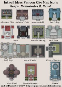 Keeps, Monasteries, & More! Settlement Map Icons (2019 December). Get it via DriveThruRPG.