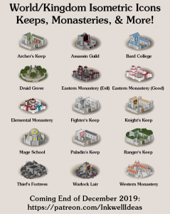 Keeps, Monasteries, & More! Isometric World/Kingdom Map Icons (2019 December). Get it via DriveThruRPG.