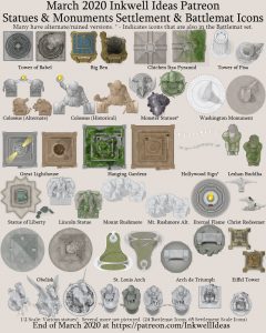 Statues & Monuments Battlemat & Settlement Map Icons (2020 March). Get it via DriveThruRPG.