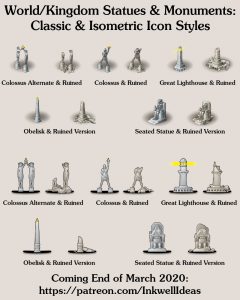Statues & Monuments Classic & Isometric World/Kingdom Map Icons (2020 March). Get it via DriveThruRPG.