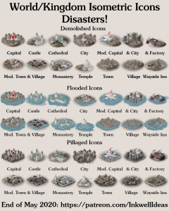 Disasters! Isometric World/Kingdom Map Icons (2020 May). Get it via DriveThruRPG.