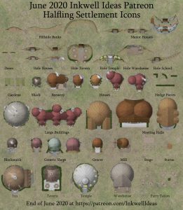 Halflings Settlement Map Icons (2020 June). Get it via DriveThruRPG.
