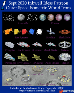 Outer Space Expanded Isometric World/Kingdom Map Icons (2020 September). Get it via DriveThruRPG.