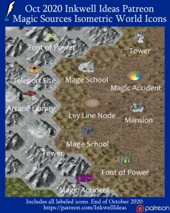 Magic Sources Isometric World/Kingdom Map Icons (2020 October). Get it via DriveThruRPG.