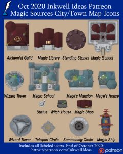 Magic Sources Settlement Map Icons (2020 October). Get it via DriveThruRPG.