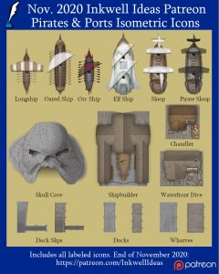 Pirates & Ports Settlement Map Icons (2020 November). Get it via DriveThruRPG.