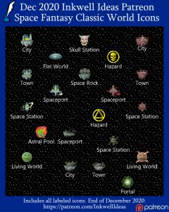 Space Fantasy Classic World/Kingdom Map Icons (2020 December). Get it via DriveThruRPG.