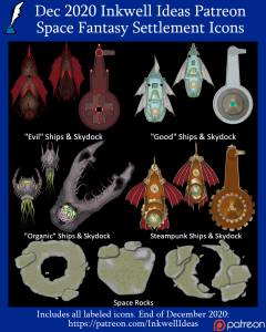 Space Fantasy Settlement Map Icons (2020 December). Get it via DriveThruRPG.