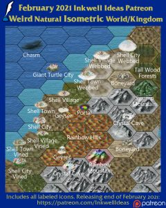 Weird Natural Isometric World/Kingdom Map Icons (2021 February). Get it via DriveThruRPG.