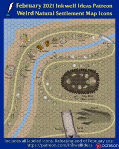 Weird Natural Settlement Map Icons (2021 February). Get it via DriveThruRPG.