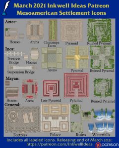 Meso American Settlement Map Icons (2021 March). Get it via DriveThruRPG.