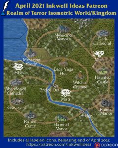 Realm of Terror Isometric World/Kingdom Map Icons (2021 April). Get it via DriveThruRPG.