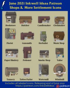 Shops & More Settlement Map Icons (2021 June). Get it via DriveThruRPG.