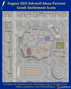 Greek Settlement Map Icons (2021 August). Get it via DriveThruRPG.