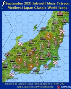 Medieval Japan Classic World/Kingdom Map Icons (2021 September). Get it via DriveThruRPG.