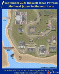 Medieval Japan Settlement Map Icons (2021 September). Get it via DriveThruRPG.