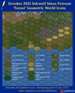 Forest Isometric World/Kingdom Map Icons (2021 October). Get it via DriveThruRPG.