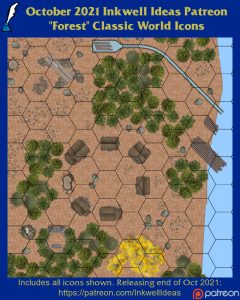 Forest Settlement Map Icons (2021 October). Get it via DriveThruRPG.