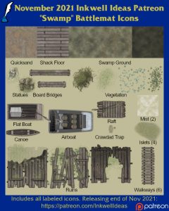Swamp Battlemat Map Icons (2021 November). Get it via DriveThruRPG.