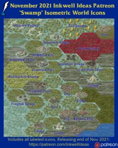 Swamp Isometric World/Kingdom Map Icons (2021 November). Get it via DriveThruRPG.
