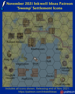 Swamp Settlement Map Icons (2021 November). Get it via DriveThruRPG.
