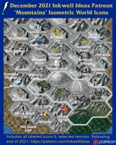 Mountains Isometric World/Kingdom Map Icons (2021 December). Get it via DriveThruRPG.