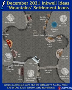 Mountains Settlement Map Icons (2021 December). Get it via DriveThruRPG.