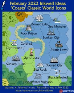 Coasts Classic World/Kingdom Map Icons (2022 February). Get it via DriveThruRPG.
