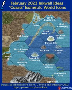 Coasts Isometric World/Kingdom Map Icons (2022 February). Get it via DriveThruRPG.