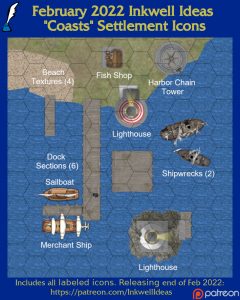 Coasts Settlement Map Icons (2022 February). Get it via DriveThruRPG.