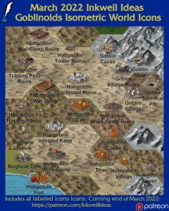 Goblinoids Isometric World/Kingdom Map Icons (2022 March). Get it via DriveThruRPG.