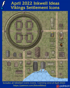 Vikings Settlement Map Icons (2022 April). Get it via DriveThruRPG.