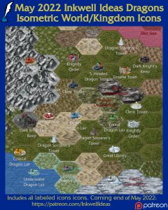 Dragons Isometric World/Kingdom Map Icons (2022 May). Get it via DriveThruRPG.