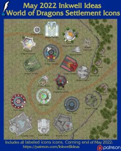 Dragons Settlement Map Icons (2022 May). Get it via DriveThruRPG.